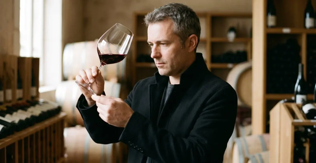 Sommelier tenant un verre de vin rouge grenat à hauteur d'œil devant une source lumineuse naturelle, examinant la robe et la limpidité dans un contexte professionnel de cave ou restaurant français