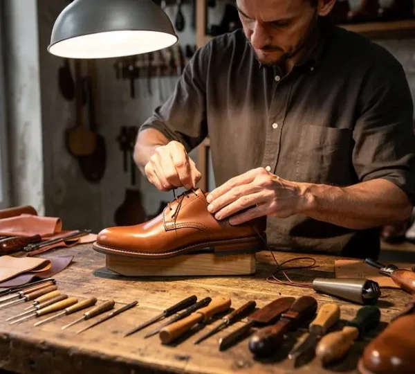 Artisan cordonnier assemblant une basket en cuir sur son établi dans un atelier de fabrication