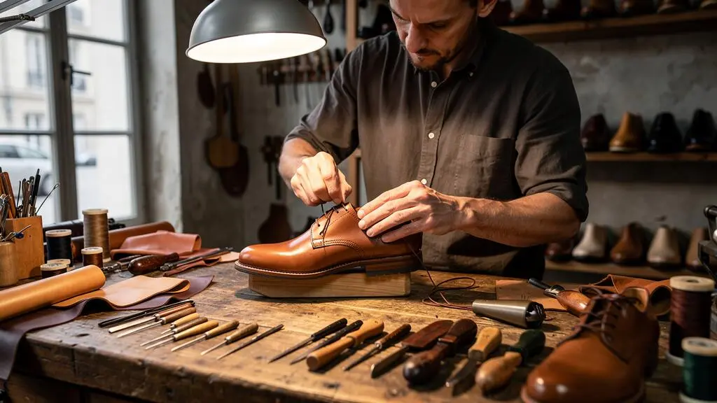 Artisan cordonnier assemblant une basket en cuir sur son établi dans un atelier de fabrication