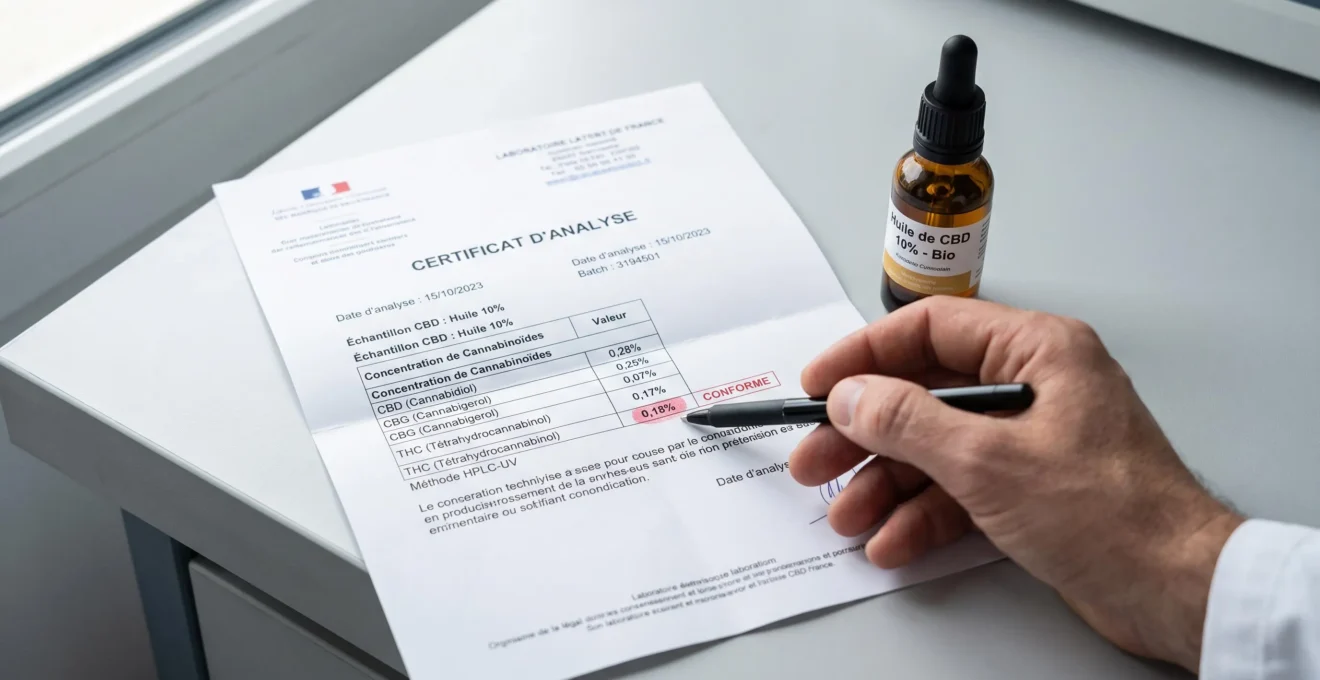 Certificat d'analyse de laboratoire pour produit CBD avec résultats de tests de THC et échantillon de produit sur une surface de travail.