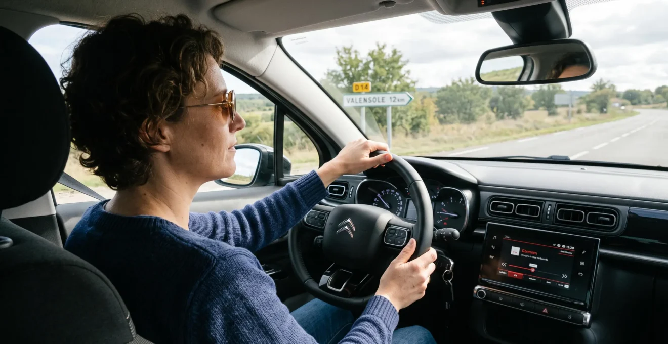 Conducteur portant des lunettes de soleil de catégorie adaptée au volant d'une voiture en conditions de conduite diurne
