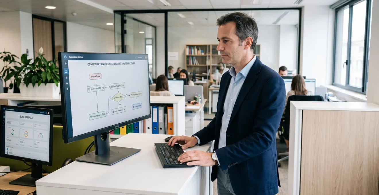 Responsable financier configurant un système automatisé de rappels de paiement dans un bureau moderne