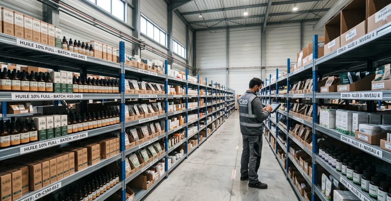 Zone de stockage organisée avec rayonnages de produits CBD dans un entrepôt de grossiste professionnel avec système de traçabilité.