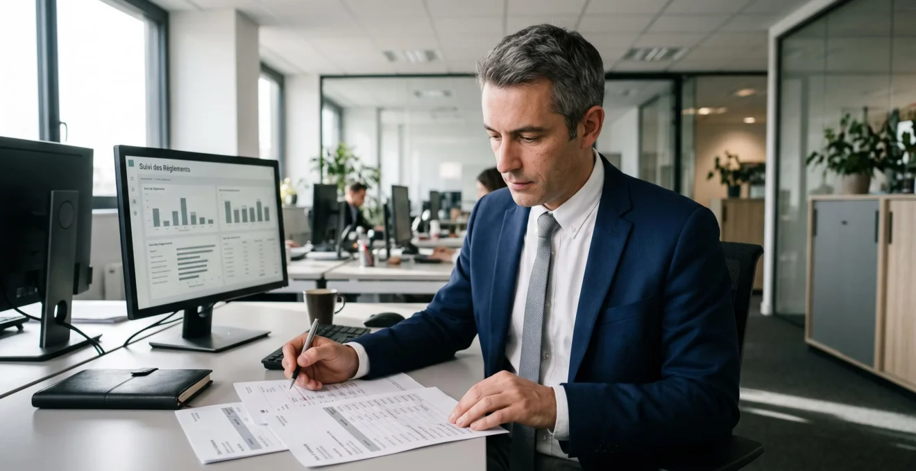 Gestionnaire de crédit consultant un échéancier de paiements clients sur son bureau dans un service comptable moderne
