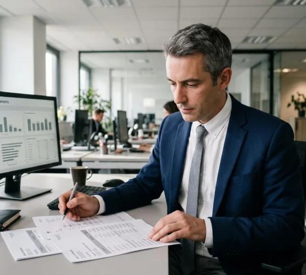 Gestionnaire de crédit consultant un échéancier de paiements clients sur son bureau dans un service comptable moderne