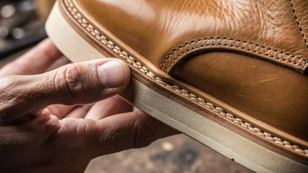Inspection détaillée d'une basket en cuir montrant la couture de la semelle et la qualité du cuir pleine fleur