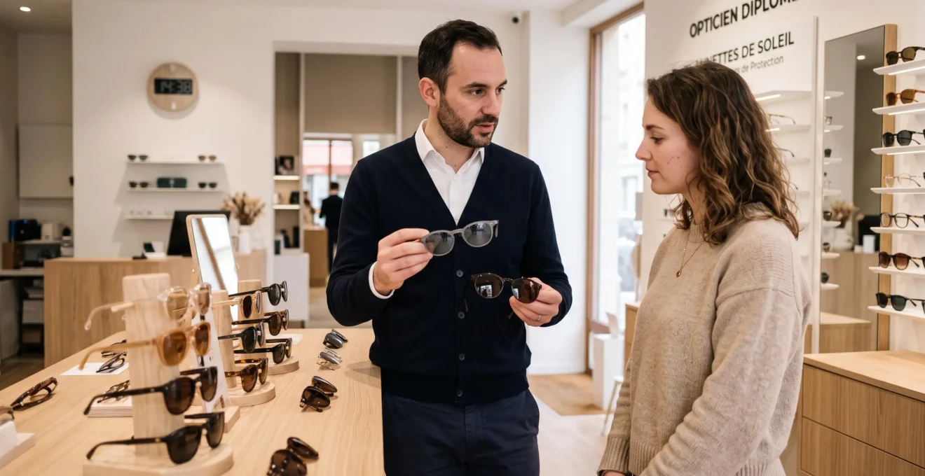 Opticien professionnel présentant différentes paires de lunettes de soleil à un client dans une boutique d'optique moderne