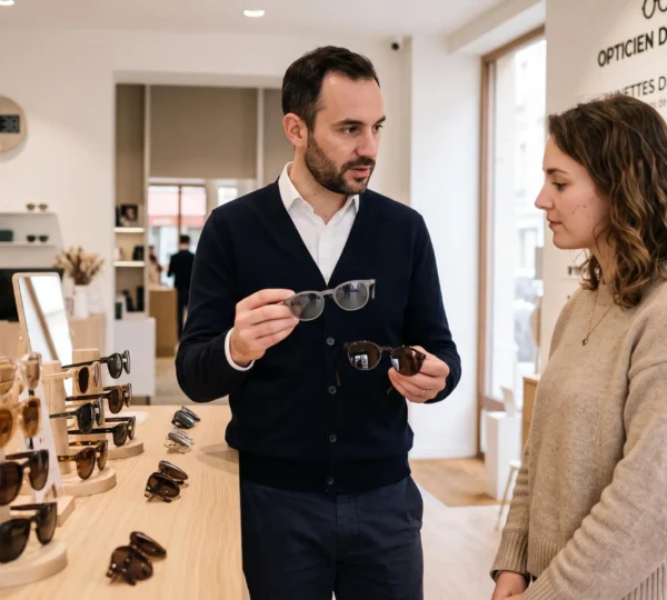 Opticien professionnel présentant différentes paires de lunettes de soleil à un client dans une boutique d'optique moderne