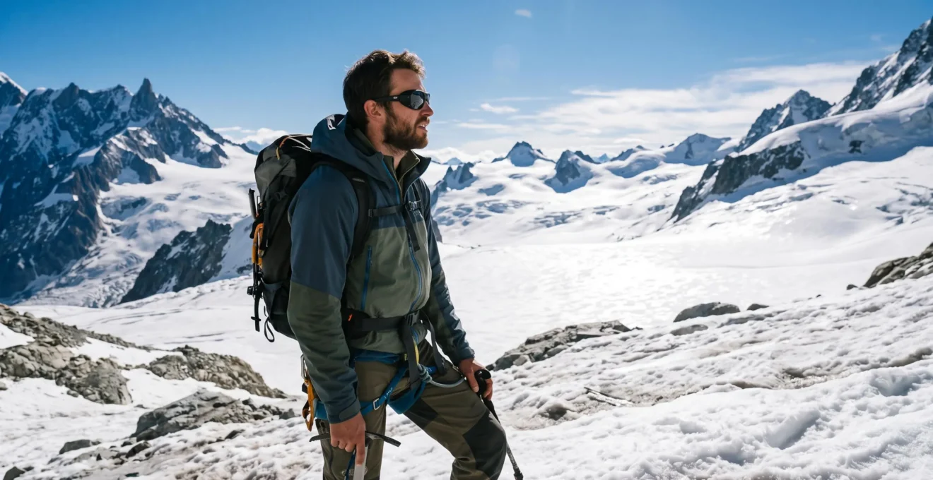 Randonneur portant des lunettes de protection solaire de haute catégorie sur un glacier en haute montagne sous forte luminosité