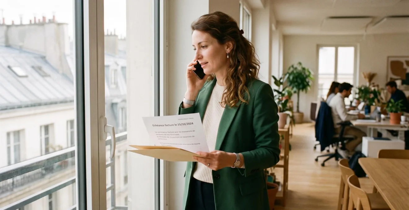 Gestionnaire de compte en conversation téléphonique courtoise avec un client concernant une échéance de paiement à venir