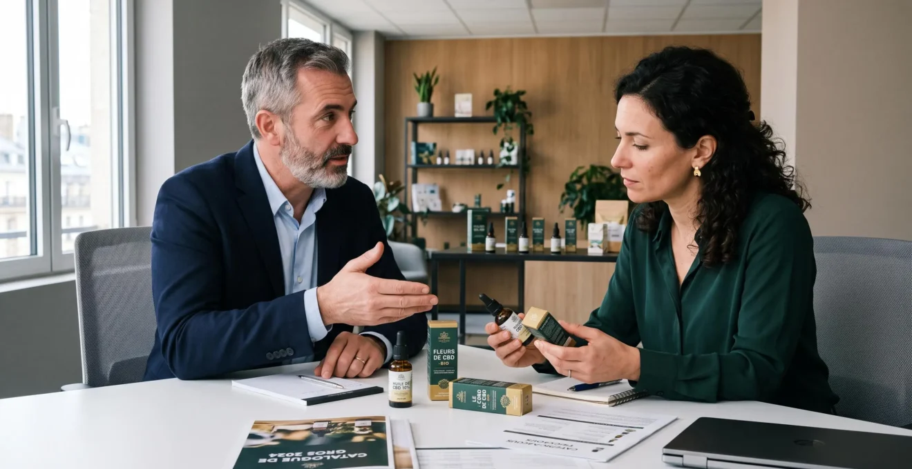 Réunion professionnelle entre acheteur et représentant d'un grossiste CBD examinant des échantillons de produits et discutant des conditions commerciales.