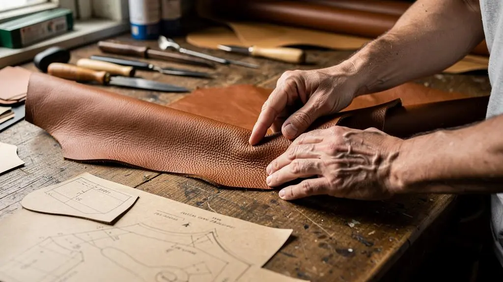 Artisan maroquinier inspectant la qualité d'un cuir pleine fleur dans son atelier