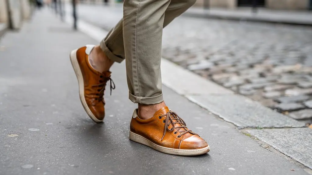Personne portant des baskets en cuir de qualité en situation d'usage quotidien