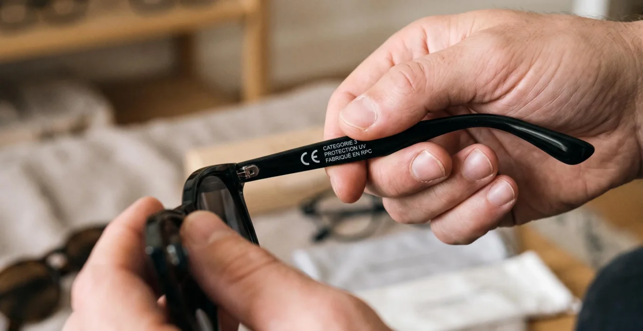 Main tenant une paire de lunettes de soleil et examinant le marquage CE et l'indication de catégorie sur la branche