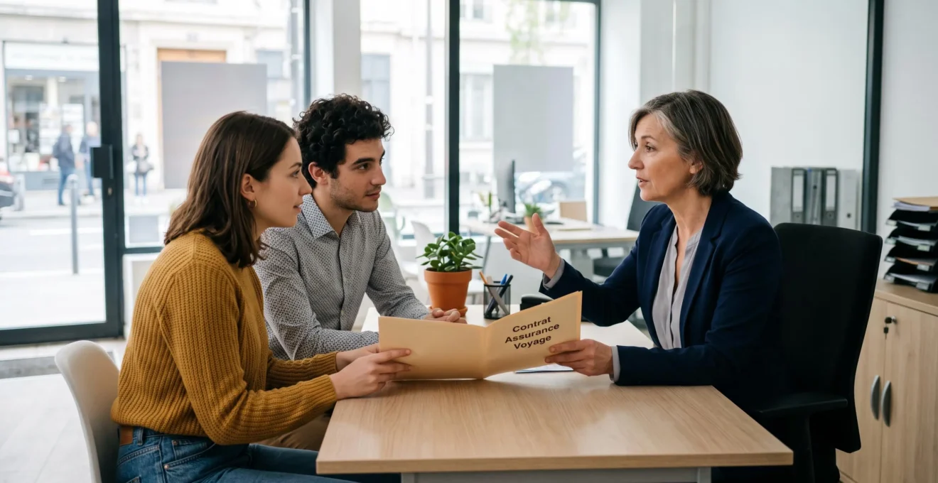 Une conseillère en assurance explique un contrat d'assurance voyage à un jeune couple dans une agence.