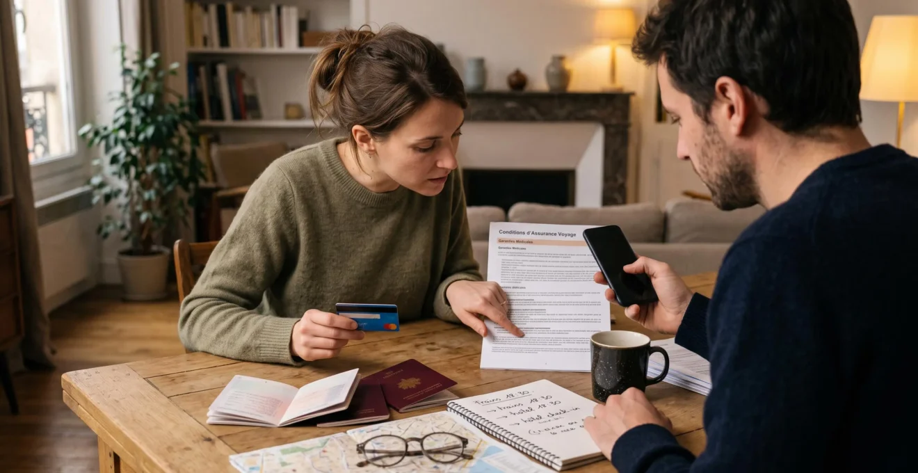 Un couple assis à la table de leur salon compare les conditions de son assurance carte bancaire sur un livret et un smartphone.