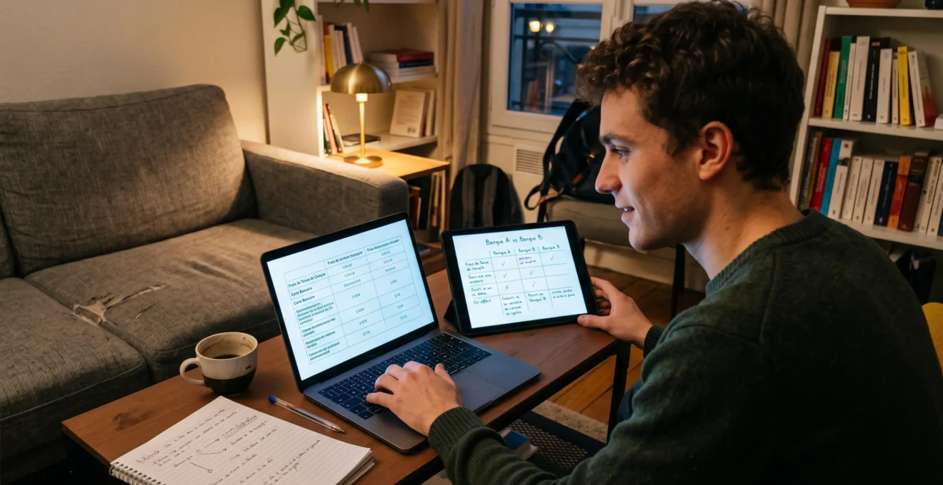 Un étudiant compare sur une tablette et un ordinateur portable les conditions de différents types de comptes bancaires.