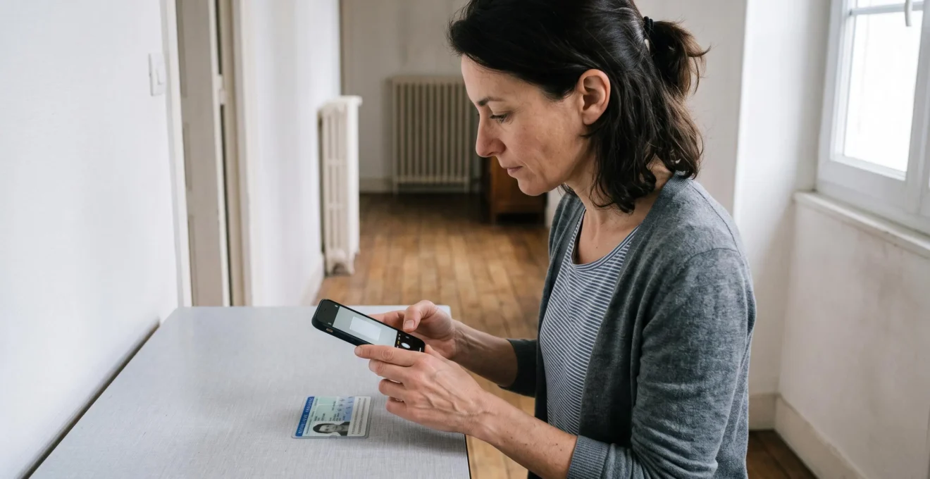 Une femme photographie sa carte d'identité avec son téléphone pour la vérification d'identité d'une souscription en ligne.