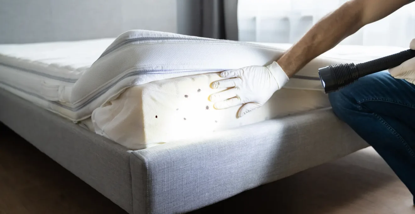 Une personne accroupie examinant à la lampe torche les coutures d'un matelas à la recherche de punaises de lit.