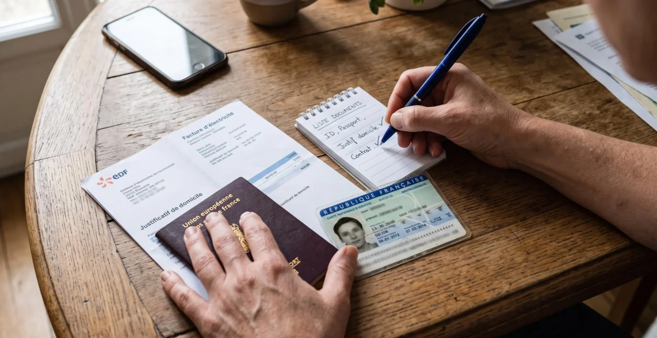 Des mains vérifient une carte d'identité, un justificatif de domicile et une liste de pièces à rassembler pour ouvrir un compte en ligne.
