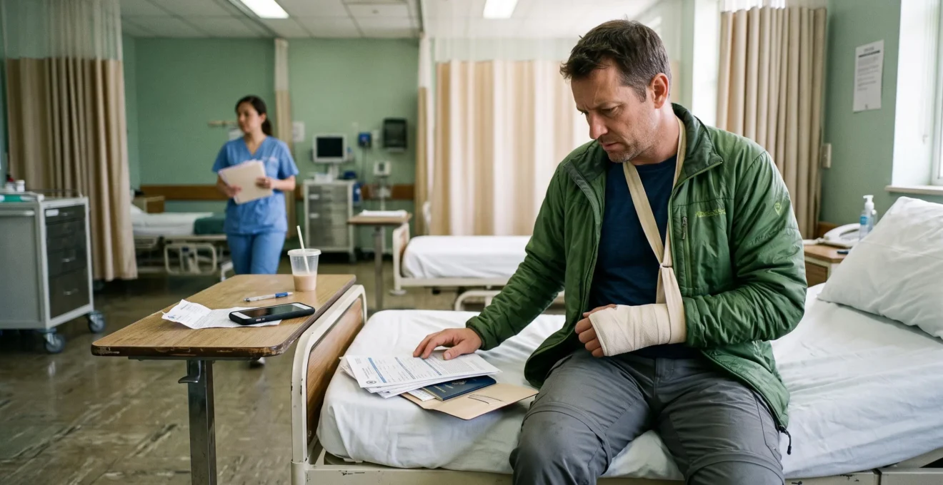 Un voyageur avec un bras plâtré consulte ses documents sur un lit d'hôpital à l'étranger, son téléphone à la main.