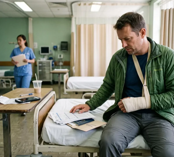 Un voyageur avec un bras plâtré consulte ses documents sur un lit d'hôpital à l'étranger, son téléphone à la main.